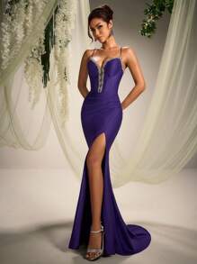 Robe de soirée formelle de AOSHABABI avec bretelles spaghetti, épaules dénudées, laçage et queue de poisson en violet foncé. Ornements perlés faits main. Robe de soirée élégante pour femme convenant à toutes les occasions formelles, festivals de musique, galas, invités de mariage, fêtes de vacances, remises de diplômes, événements de cocktail, rendez-vous, vacances et demoiselles d'honneur. - Prune - Voir 5