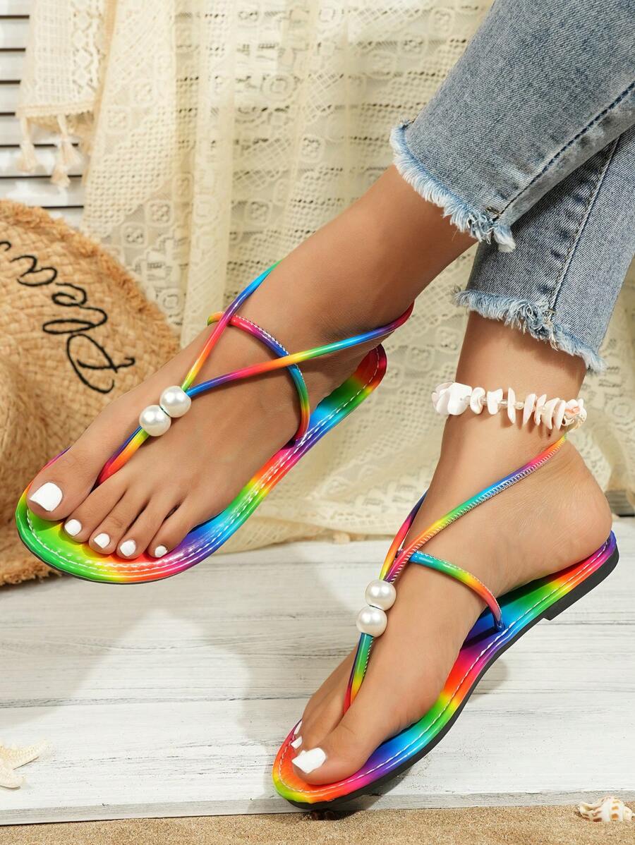 Sandalias de mujer tipo slip-on, sandalias planas tipo chanclas, sandalias casuales de verano con tira en T y elástico, estilo romano gladiador, sandalias tipo flip flop de moda