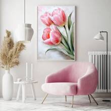 1pc Unframed Pink Floral Art Poster, 3D Tulip Plant Wall Painting Canvas, Pink Flower Wall Decor, Suitable For Living Room, Bedroom, Corridor Entrance Home Decoration