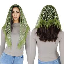 Lightweight Lace Floral Head Scarf Fringe Triangular Shawl Scarf Wrap Bandana For Women - 綠色 - 查看 3