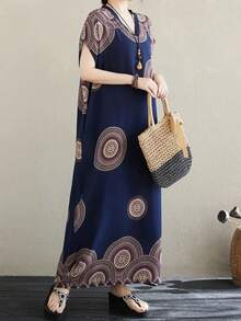 Plus Size Women's Spring & Autumn V-Neck Retro Bohemian Style Floral Print Elegant Short Sleeve Arabic Maxi Dress