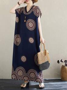 Plus Size Women's Spring & Autumn V-Neck Retro Bohemian Style Floral Print Elegant Short Sleeve Arabic Maxi Dress