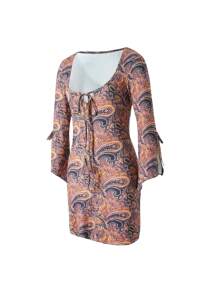 Women Summer Printed Retro Dress, Deep V Neck Slit 3/4 Flare Sleeve Bodycon French Dress For Night Beach - 棕色 - 查看 6