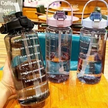 2L Portable Water Bottle Large Capacity Plastic Straw Water Cup Drink Bottle With Time Marker For Outdoor Sports Fitness