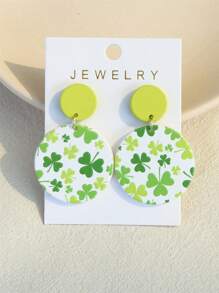 1 par de pendientes de fiesta con estampado de trébol para el Día de San Patricio para mujeres, de textura cerámica, adecuados para primavera y verano