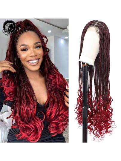 37 Inches Full Double Lace Front Knotless Box Braided Wigs With Baby Hair For Women Super Long Braids Wig With Curls Ends Lace Frontal Braid Synthetic Wigs