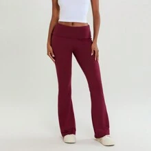 Women's Flare Skinny Pants Fold Over Leggings Low Rise Stretch Bootcut Bell Bottom Slim Fit Yoga Pants Y2k Joggers - 酒紅色 - 查看 3