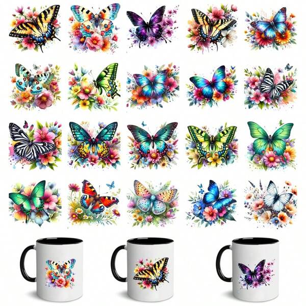 1 Foglio (20 Disegni casuali di farfalle e fiori da ritagliare) Adesivi UV DTF - Decalcomanie impermeabili e autoadesive, adatte per bicchieri Libby da 16oz, tazze da 11oz, pareti, finestre, bottiglie, laptop, custodie per cellulari, superfici lisce - tema cartoni animati per fai da te
