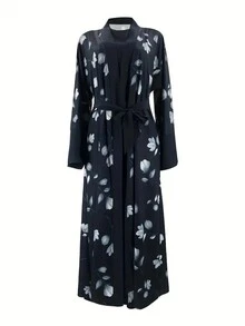Women's Long Sleeve Front Tie Floral Print Maxi Arab Style Abaya, Modest Robe - Blue - View 4
