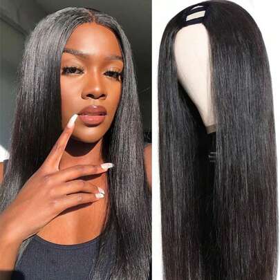 Peluca de cabello humano con parte U para mujeres, amigable para principiantes, sin pegamento, cabello humano de 180% de densidad en color natural y liso, peluca de cabello humano sin encaje frontal