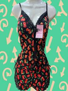 大码蕾丝拼布细肩带吊带背心，休闲度假装 - 玫瑰紅 - 查看 1