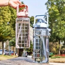 2L Portable Water Bottle Large Capacity Plastic Straw Water Cup Drink Bottle With Time Marker For Outdoor Sports Fitness