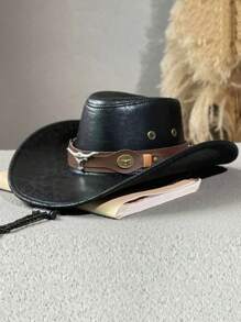 1pc Men's Multi-Color Bull Head Studded Leather Jazz Hat, Outdoor Sun Hat, Large Brim Western Cowboy Hat, Spring/Summer/Autumn