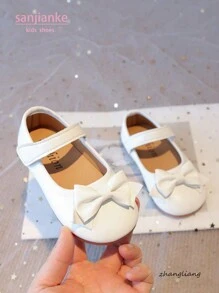 Nuevos zapatos planos de piel para niñas, diseño simple con lazo, zapatos casuales versátiles de uso diario para niños, de fácil puesta y quitado con