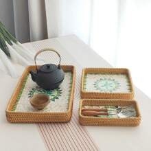 1 pieza Bandeja/Organizador cuadrada multiusos de ratán tejida a mano en estilo bohemio, adecuada para restaurante/picnic al aire libre, almacenamiento en el hogar, decoración de bodas, plato de frutas