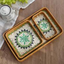 1 pieza Bandeja/Organizador cuadrada multiusos de ratán tejida a mano en estilo bohemio, adecuada para restaurante/picnic al aire libre, almacenamiento en el hogar, decoración de bodas, plato de frutas
