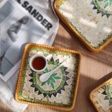 1 pieza Bandeja/Organizador cuadrada multiusos de ratán tejida a mano en estilo bohemio, adecuada para restaurante/picnic al aire libre, almacenamiento en el hogar, decoración de bodas, plato de frutas