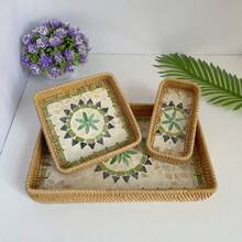 1 pieza Bandeja/Organizador cuadrada multiusos de ratán tejida a mano en estilo bohemio, adecuada para restaurante/picnic al aire libre, almacenamiento en el hogar, decoración de bodas, plato de frutas