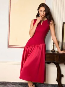 Amyenjoylife Women's Solid Color V-Neck Patchwork Waist Dress, Suitable For Evening Party, Date Night, Formal Gown - Red - View 3