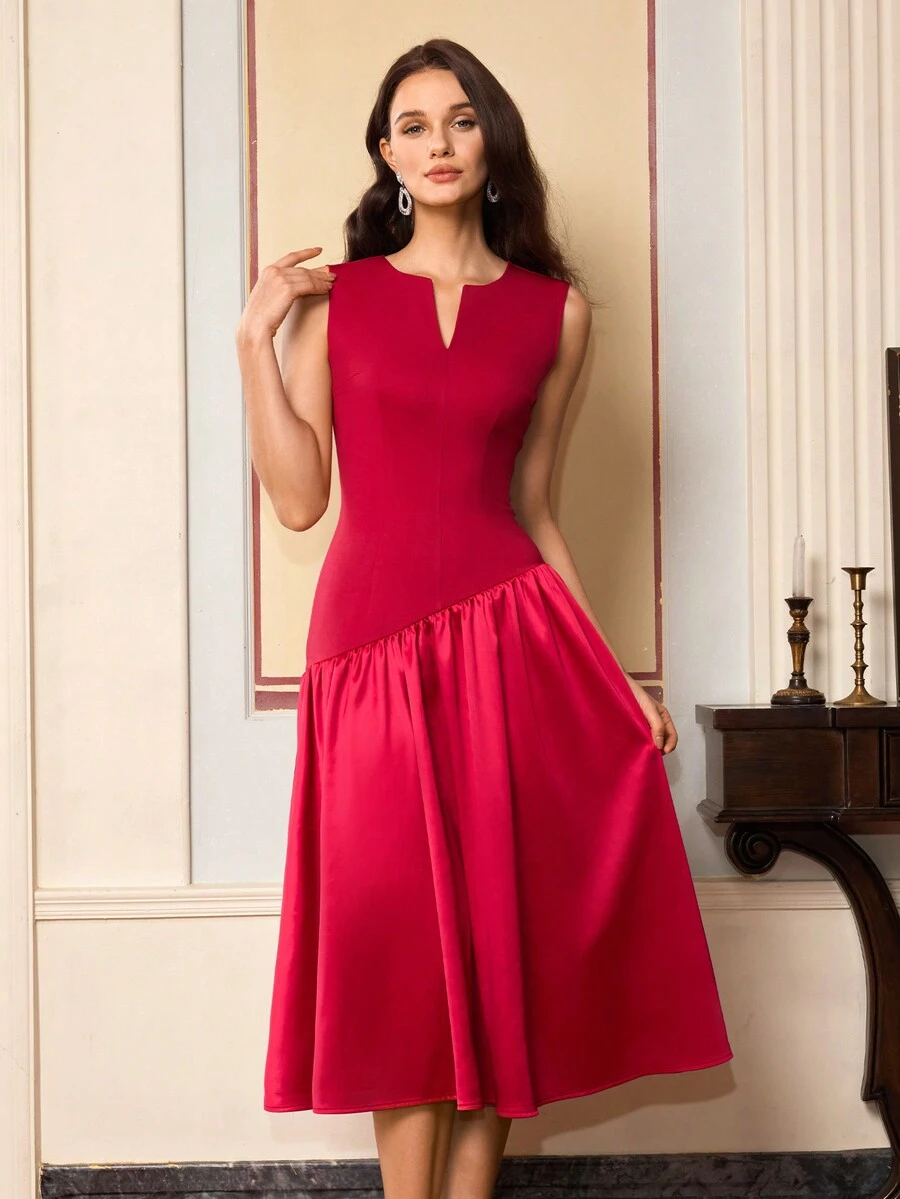 Amyenjoylife Women's Solid Color V-Neck Patchwork Waist Dress, Suitable For Evening Party, Date Night, Formal Gown - Red - View 1