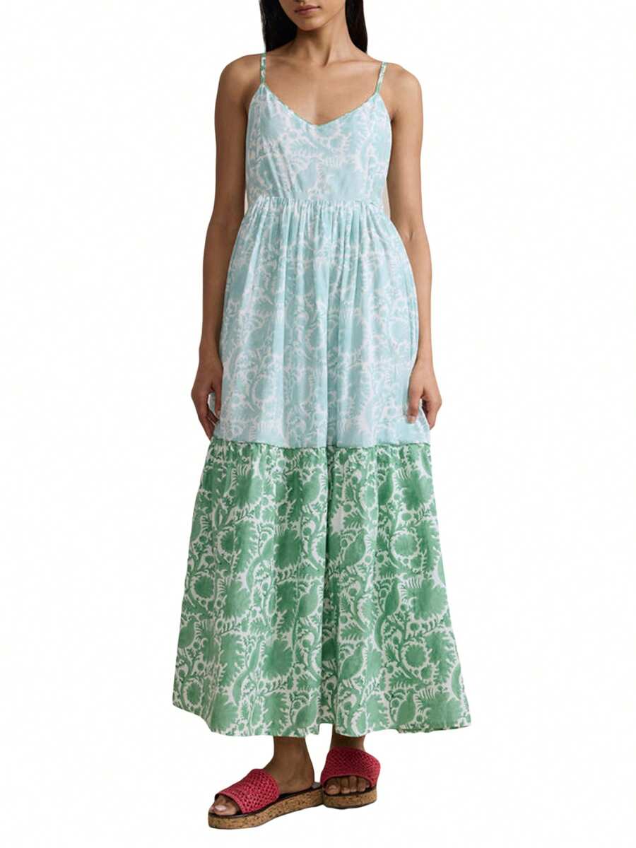 Women Cami Dress Plaid/Print V-Neck Spaghetti Straps Sleeveless Backless A-Line Dress Long Dress