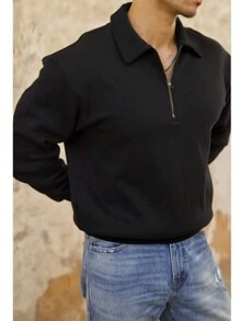Sudadera con capucha para hombre de manga larga de medio cierre con unicolor y material grueso