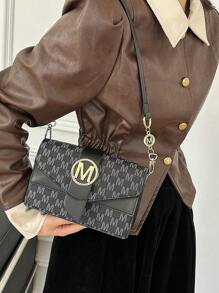 時尚多層翻蓋女式字母印花單肩包與斜背包 - 黑色 - 查看 4