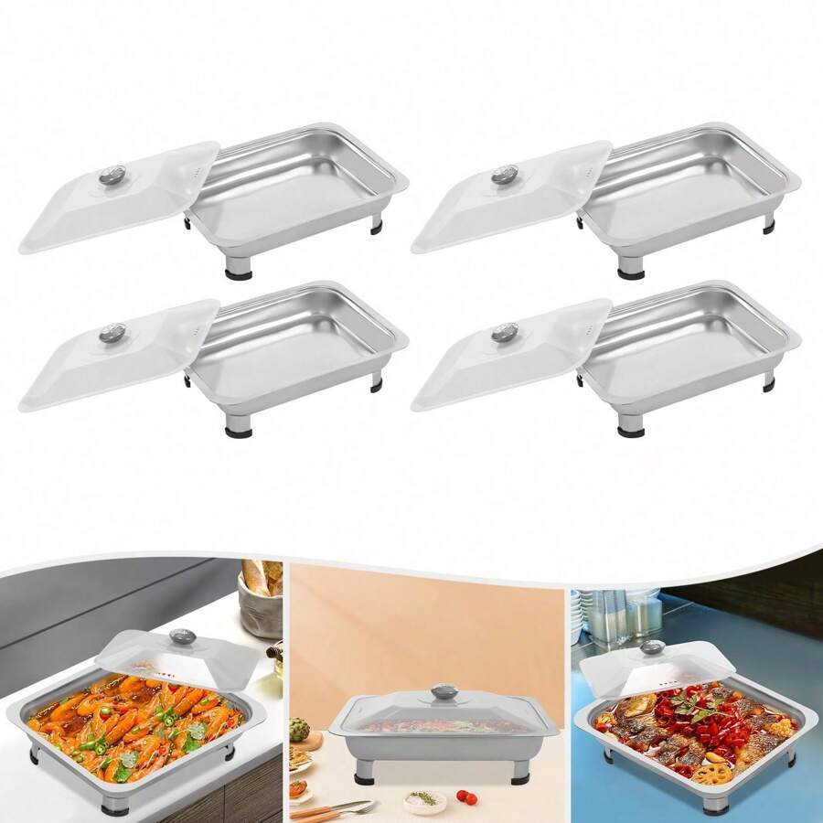 Food Plate Server Chafing Dish Serving Tray 4PCS Buffet Dish Trays - Silver - View 1