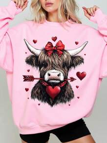Clothing Autumn Winter Women's Patterned Printed Sweatshirt For Valentine's Day - Pink - View 1