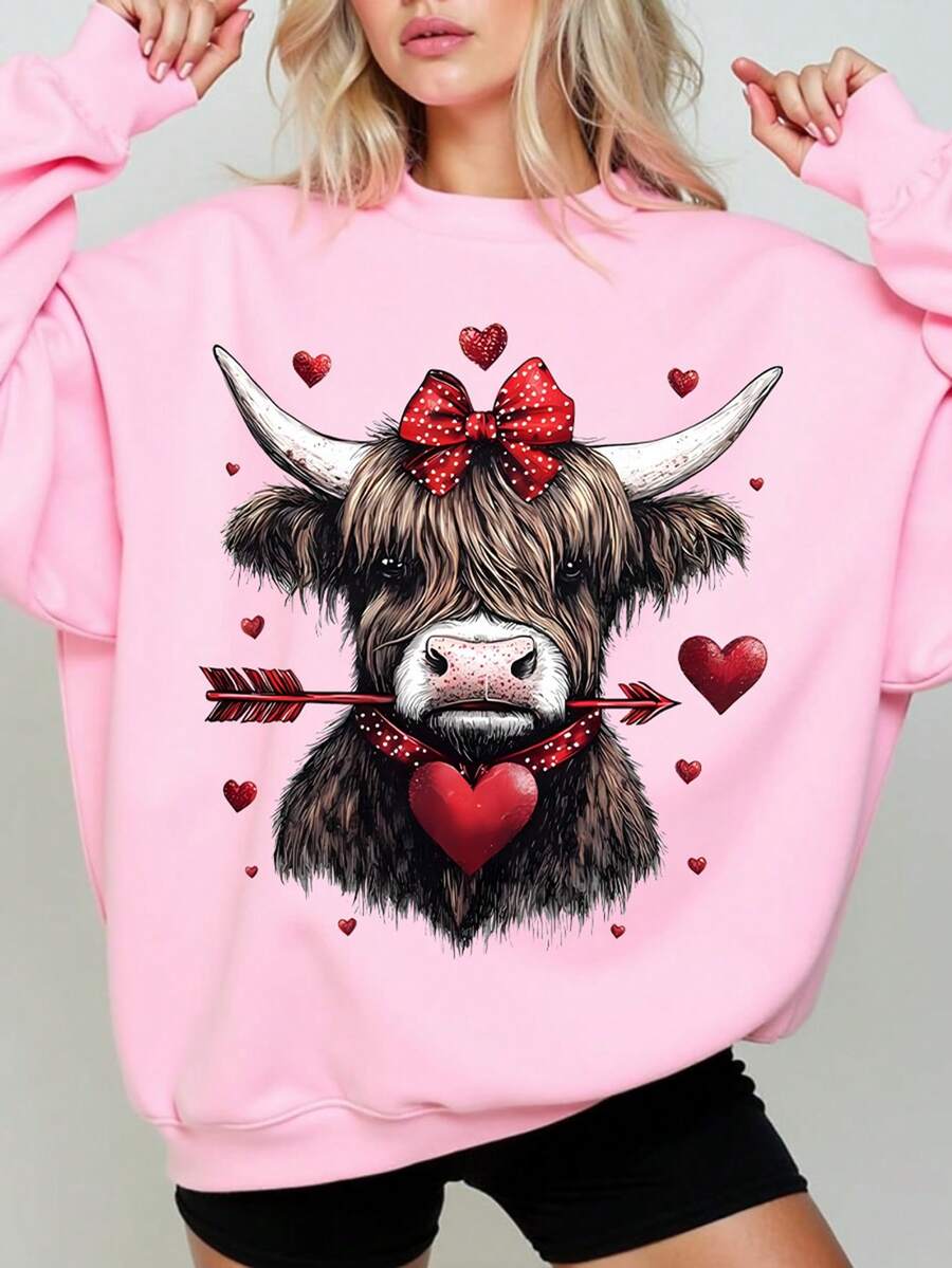 Clothing Autumn Winter Women's Patterned Printed Sweatshirt For Valentine's Day - Pink - View 1