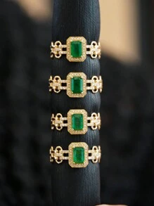 1pc S925 Silver Chain Ring For Women, Green Geometric Hollow Design, Fashionable Minimalist Luxury Ring Suitable For Daily Wear And Holidays