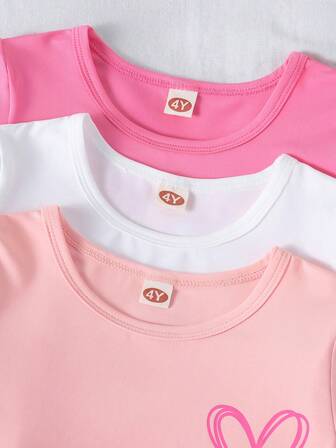 3st flickor Casual Enkelt vanligt hjärta och brevtryck Loose Fit rundhalsad kortärmad T-shirt, unika och mångsidiga sommartröjor