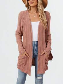Women's Textured Cardigan With Pockets Lightweight Open-Front Outfit - 紅色 - 查看 4