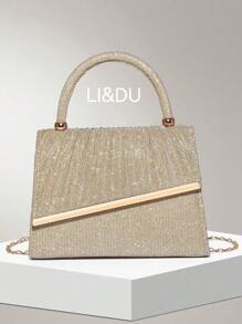 Bolso de mano cuadrado de lujo con decoración metálica y brillo, adecuado para fiestas, bodas y vestidos de gala - Dorado - Ver 1
