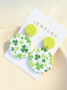 1 par de pendientes de fiesta con estampado de trébol para el Día de San Patricio para mujeres, de textura cerámica, adecuados para primavera y verano