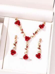 1 pièce Collier + 1 pièce Bracelet + 2 pièces Boucles d'oreilles Ensemble de bijoux, Décor de fleur de rose vintage en cristal, Collier, Bracelet, Boucle d'oreille de rose rouge/bleue élégante personnalisée, convient aux femmes