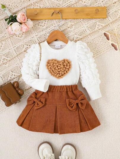 2 件装婴儿/幼儿女孩泡泡袖心形图案上衣和蝴蝶结装饰粉色裙子套装，秋冬