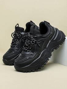 Black Fashion Platform Thick Sole Men's Casual High Street Sneakers, Suitable For Holiday Gift (For Wide Feet, Suggest Ordering One Size Up) - Black - View 4