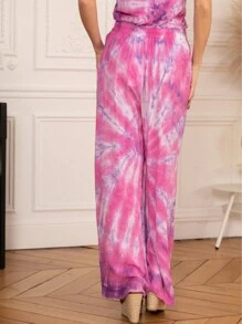 Calças largas com estampa tie-dye, bolsos, calças largas, retrô, estilo boêmio, estilo resort, leve, design simples, todos os dias, cores de verão - Rosa - Ver 3