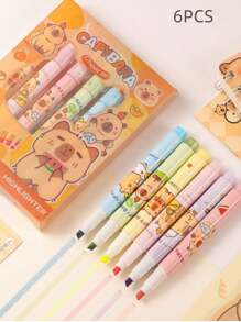 6 Pcs Neon Highlighter Pens, Cartoon Colored Planner Pens, Ideal Study Marker Pens For Highlighting And Note-Taking - Multicolor - View 1