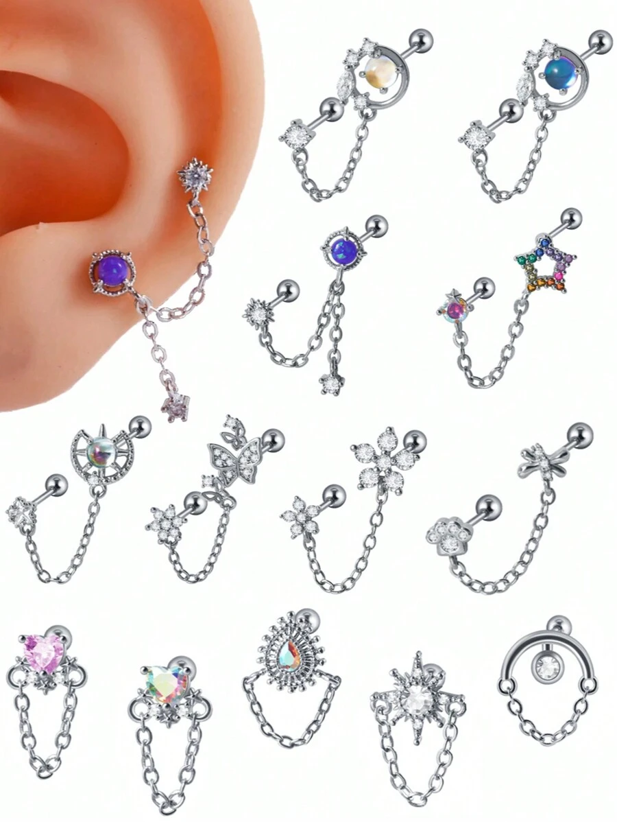 1 件不锈钢马眼形 Cz 耳软骨穿孔锆石吊坠链耳环耳甲耳屏耳轮耳垂穿孔身体首饰