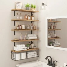 Superlele 3/4/5tiers Bathroom Floating Shelves, Wall Mounted Shelves Over Toilet With Metal Guardrail, Room Wall Shelf Decor, Farmhouse Shelf Toilet Paper Storage, For Bathroom, Living Room, Bedroom, Kitchen Wall Storage And Decoration. Home Bathroom Decor Bathroom Organizer Summer Back To School