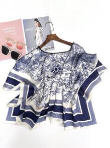 1pc Imitation Silk Printed Shawl, Thin Scarf For Women, Spring/Autumn - Blue and White - View 2