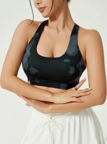 1 pièce Soutien-gorge de sport imprimé camouflage, tenue de yoga à dos nageur, vêtement de sport