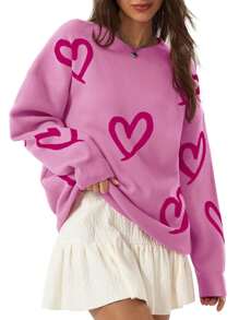 Women's Valentines Day Heart Sweater Oversized Crew Neck Long Sleeve Pullover Knit Sweater - hồng - Xem 2