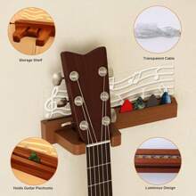 Light Up Guitar Stand Wall Mount, Solid Wood Guitar Hanger Shelf With Pick Holder, For Acoustic Electric Bass Ukulele Violin, Gift For Men Music Lovers Guitar Players Guitarist - Redwood - View 4