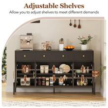 NANSTATA Buffet Cabine, 62" Large Sideboard Buffet Cabinet With Storage And 3 Drawers, Buffet Table Coffee Bar Storage Cabinet With 4 Glass Doors For Dining Room, Living Room, Kitchen, Black,Oak,White - 黑色 - 查看 7