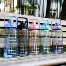 2L Portable Water Bottle Large Capacity Plastic Straw Water Cup Drink Bottle With Time Marker For Outdoor Sports Fitness
