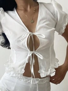 女士时尚性感系带纯色简约休闲衬衫