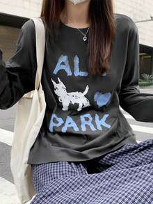女士涂鸦小狗印花长袖 T 恤，秋季宽松百搭上衣